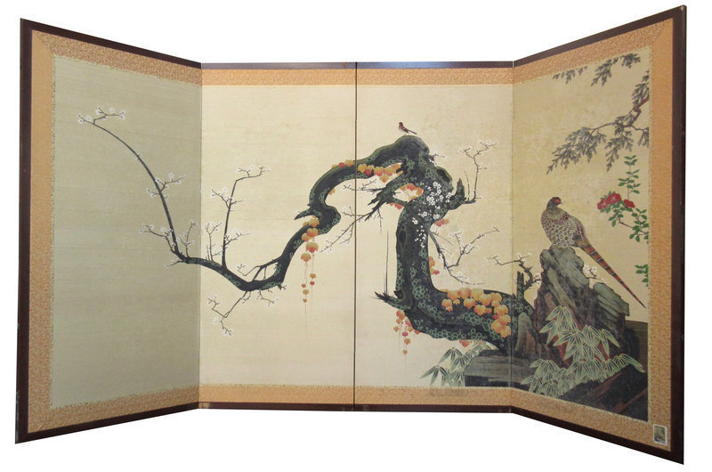 Japanese  4-Panel Byobu Screen with Pheasant