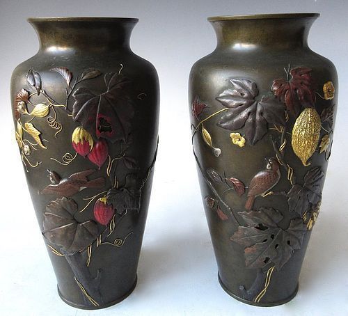 Antique Japanese Pair of Shakudo Bronze Vases with Birds and Flowers