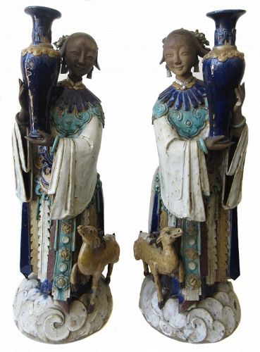 Antique Chinese Pair of Large Shiwan Goddesses