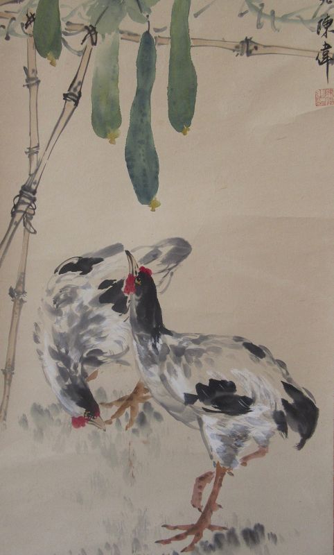 Chinese Scroll Painting of Chickens and Gourds