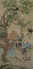 Antique Chinese Scroll Painting of Daoist and Monkeys