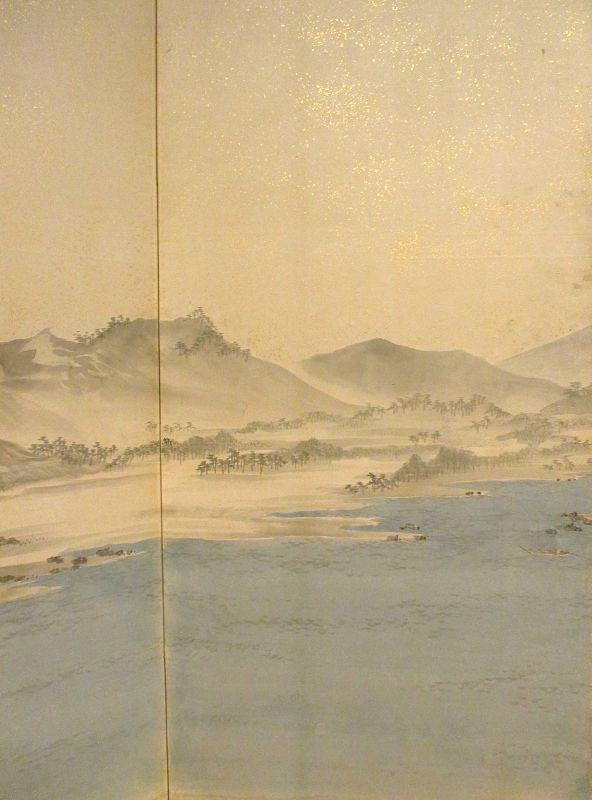 Japanese 6 Panel Byobu (folding screen Painting Mount Fuji / Harbor