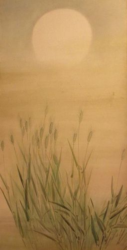 Japanese 6-Panel Byobu (Folding Screen Painting) w Moon & Wheat Field