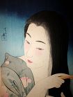 Japanese Woodblock Print Titled "Combing Hair" by Torii Kotondo