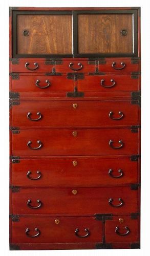 Antique Japanese 2-Section Kyoto Red Lacquer Tansu