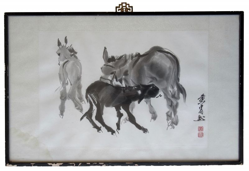 Chinese Framed Painting of Donkeys signed Huang Zhou