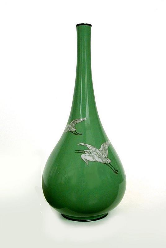 Japanese Green Cloisonne Vase with Herons