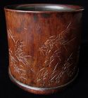 Antique Chinese Huanghuali Brush Pot with Bamboo Forest