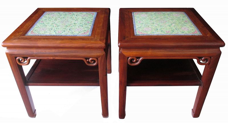 Unusual Pair of Chinese Square Hardwood Tables with Porcelain Panels