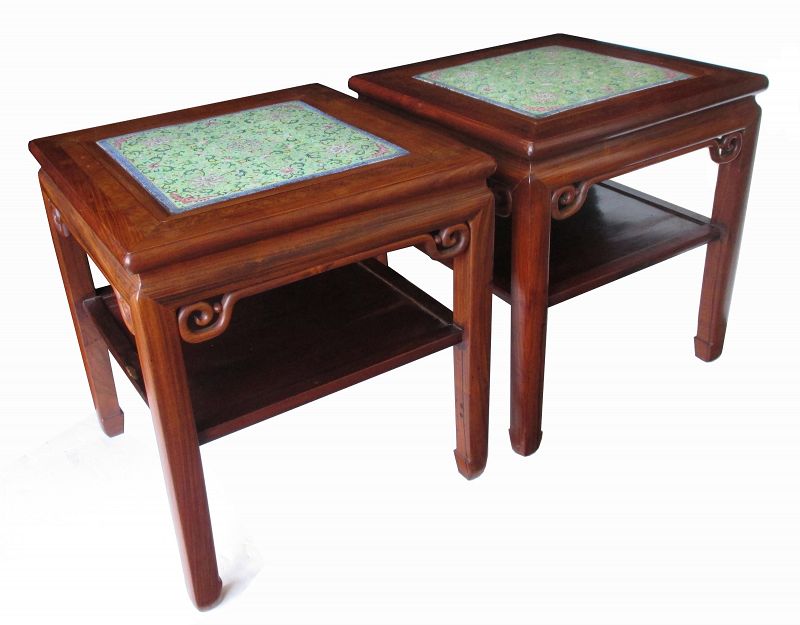 Unusual Pair of Chinese Square Hardwood Tables with Porcelain Panels