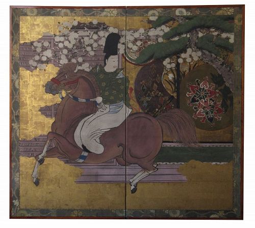 Japanese Screen Portrait of Daimyo Maeda Toshinaga on Horseback
