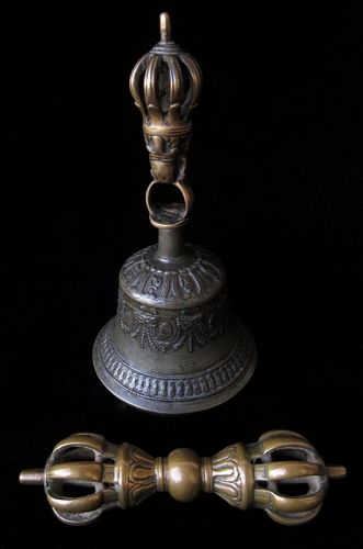 Tibetan Bronze Bell and Vajra with Carrying Pouch