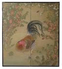 Japanese Two Panel Byobu Screen of Rooster and Butterflies