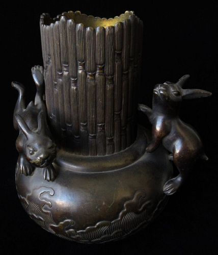 Japanese Bronze Vase with Rabbits and Waves