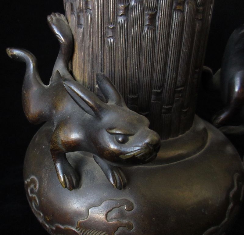 Japanese Bronze Vase with Rabbits and Waves