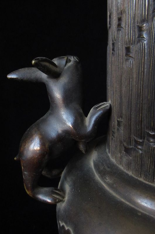 Japanese Bronze Vase with Rabbits and Waves