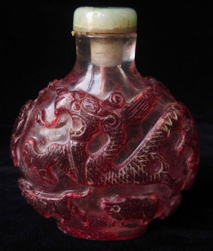 Antique Chinese 2 Color Red Overlay Glass Snuff Bottle