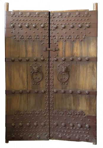 Pair of Antique Chinese Temple Gate Doors w/ Fu Dog Handles