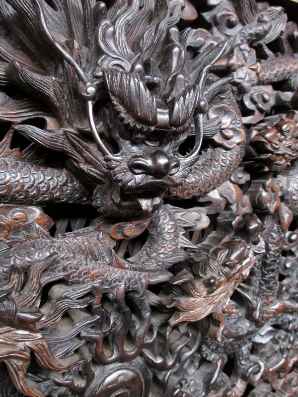 Incredible Chinese Antique Zitan Wood Carving of Dragons
