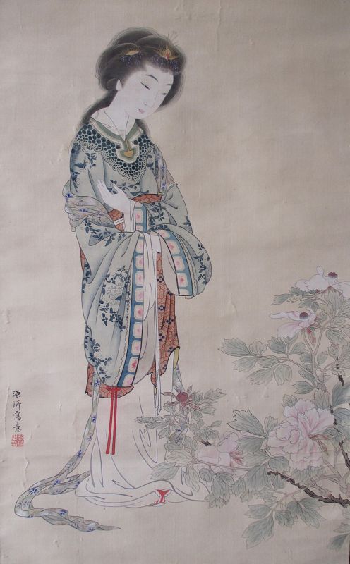 Japanese Antique Scroll Painting of a Chinese Beauty by Genki