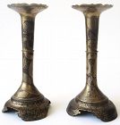 Japanese Pair of Damascene Dragon Candlesticks Signed Kuma