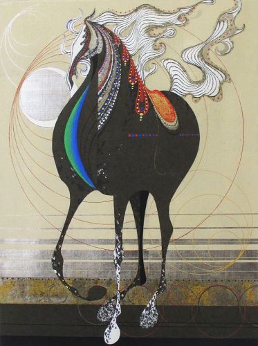 Large Nakayama Tadashi Woodblock Print of Horse, Titled, "Cyclone"