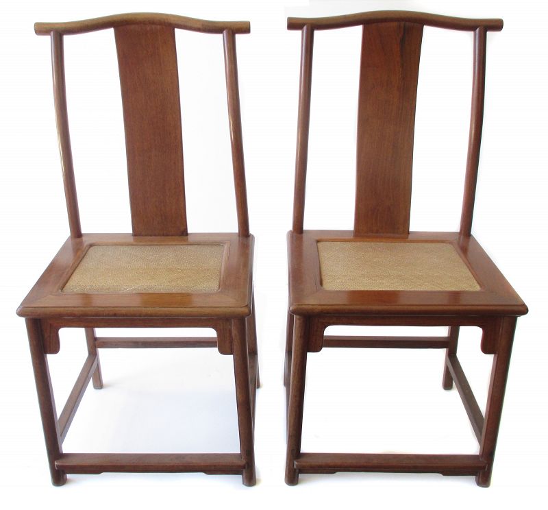 Chinese Pair of Huanghuali Official's Hat Chairs with Rattan Seats