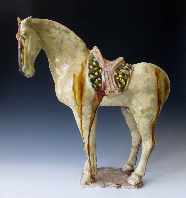 Rare Chinese Sancai Glazed Pottery Figure of a Horse, Tang Dynasty