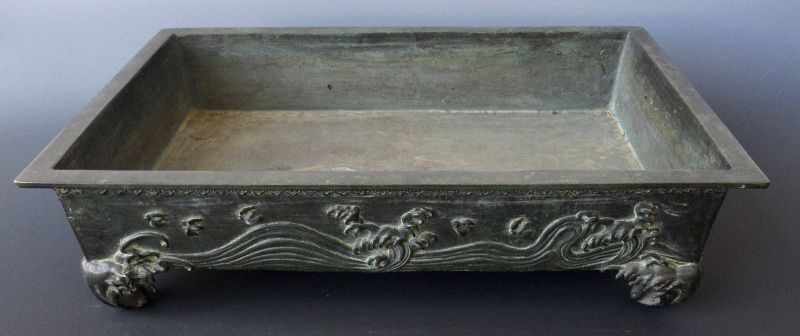 Antique Japanese Bronze Wave Suiban, Signed