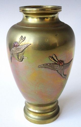 Antique Japanese Bronze Vase with Inlay Cranes, Signed