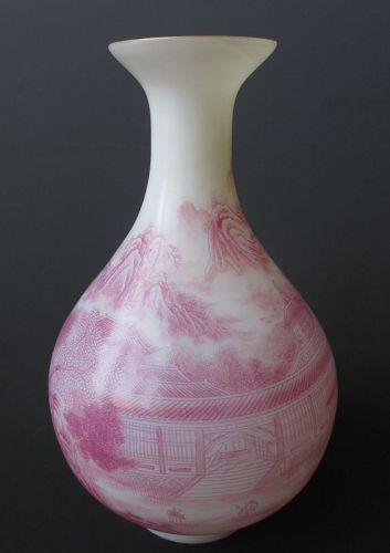 Chinese White Peking Glass Vase with Red Overpainted Scene