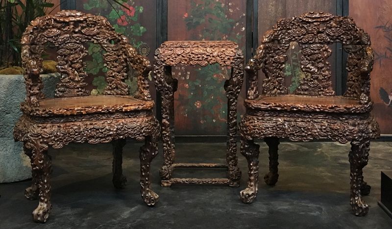 Chinese Set of Three - Hardwood Chairs and Tea Table