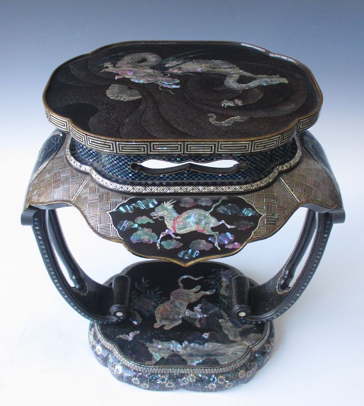 Japanese Meiji Period Lacquer and Inlaid Stand with Dragon and Tiger