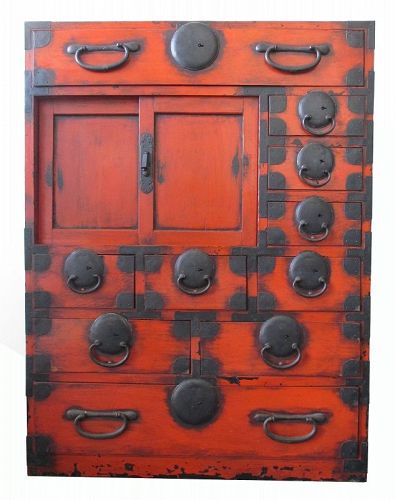 Japanese Antique Red Lacquer Matsumoto Choba Tansu