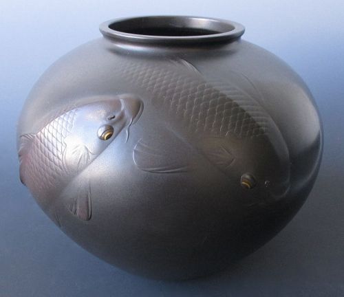 Japanese Bronze Vase with Three Koi,  by Shihou