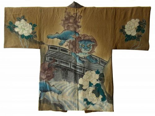 Japanese Chirimen Silk Kimono with Fu Dogs