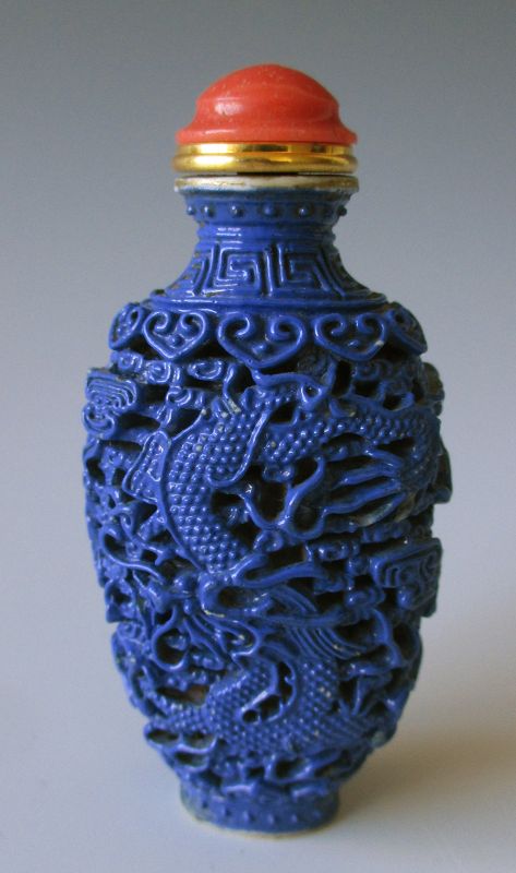 Chinese Cobalt Blue Porcelain Snuff Bottle with Dragon and Phoenix