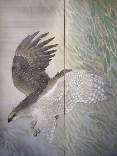 Antique Japanese 2 Panel Hawk Byobu Screen