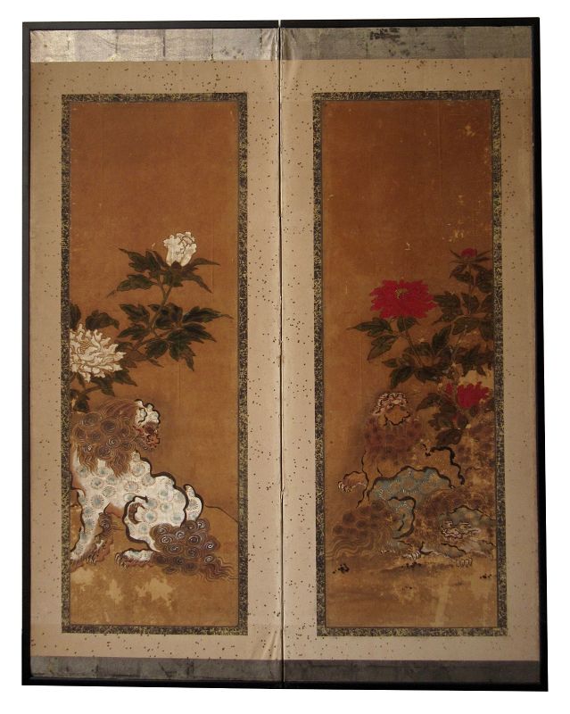 Antique Japanese 2 Panel Byobu Screen of Fu Dogs and Peonies