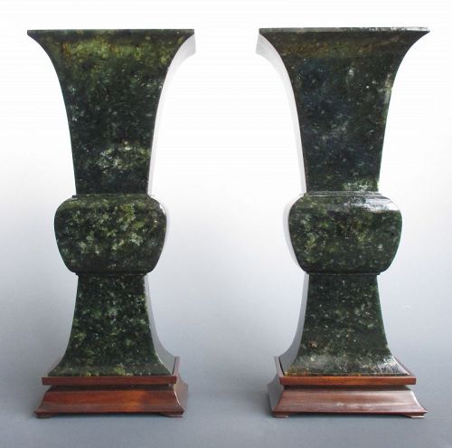 Pair of Chinese Antique Spinach Green Jade Gu-form Vases