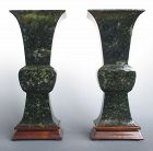 Pair of Chinese Antique Spinach Green Jade Gu-form Vases