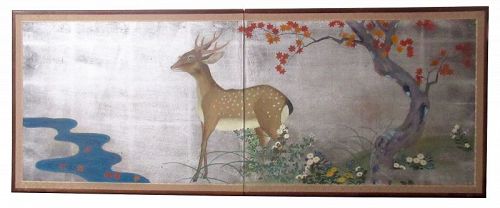 Japanese 2 Panel Byobu Silver Screen of Deer