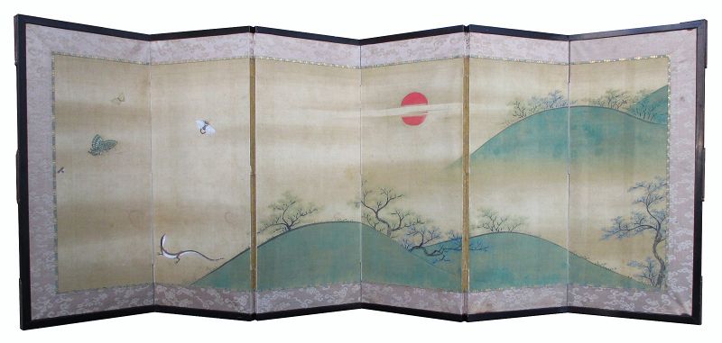 Japanese Small 6-panel Screen Painting with Lizard and Insects