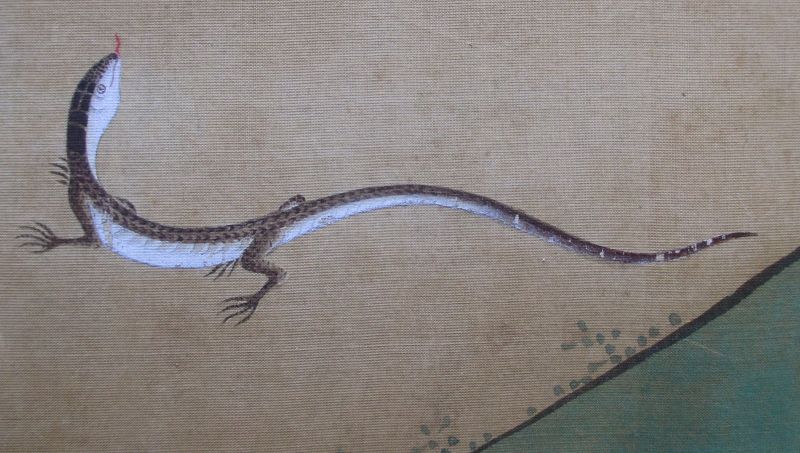Japanese Small 6-panel Screen Painting with Lizard and Insects