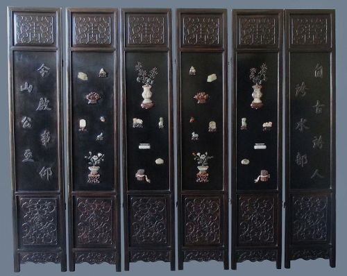 Chinese 6-panel Coromandel Hardwood Screen with Inlaid Jade