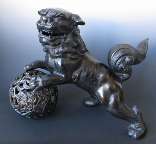 Playful Japanese Bronze Fu-dog on Ball