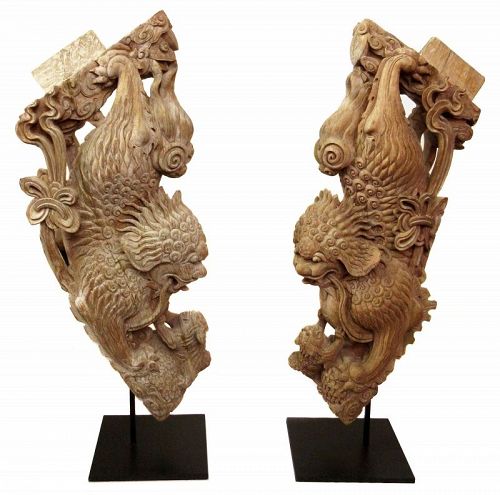 Pair of Monumental Chinese Temple Fu Dog Corbels