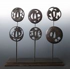 Japanese Group of 6 Edo Period Tsuba on Stand