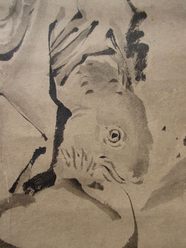 Japanese Antique Scroll Painting of Ebisu with Fish