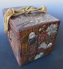 Japanese Antique Lacquered Keyaki Box with Garden Gate and Moon